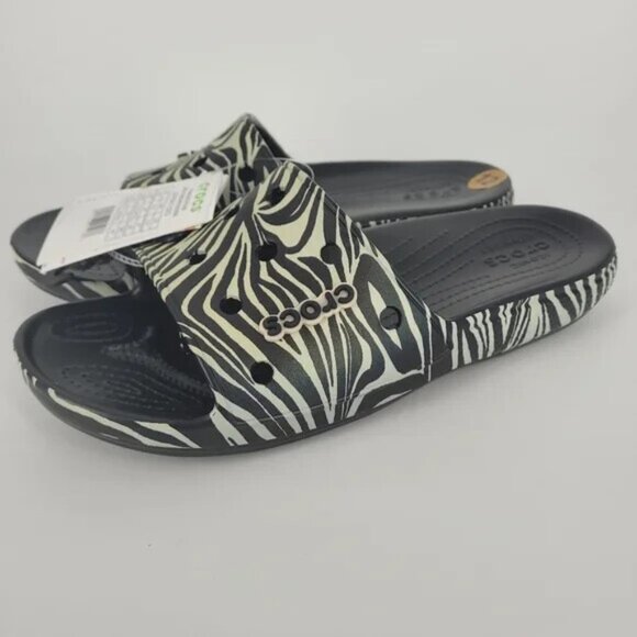 Crocs Sandals Slides Slip on Animal Print Zebra Black Men\'s Size 12 NWT main image 4